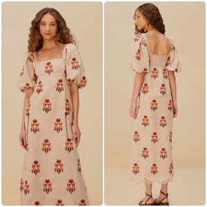 Farm Rio Rose Embroidered Macaw Linen Midi Dress